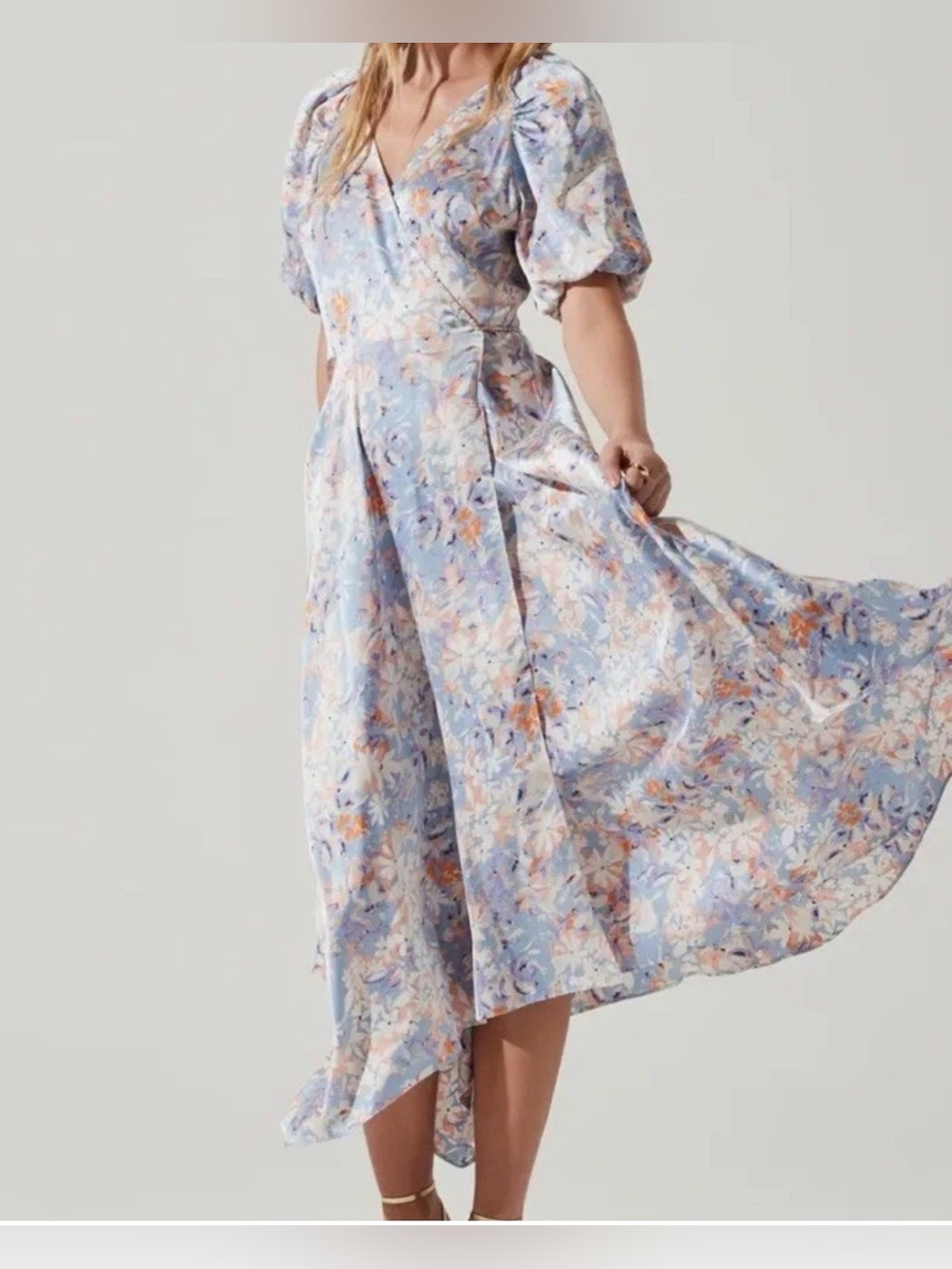 Astr Floral Puff-Sleeve Wrap Midi Dress in Light Blue and Peach